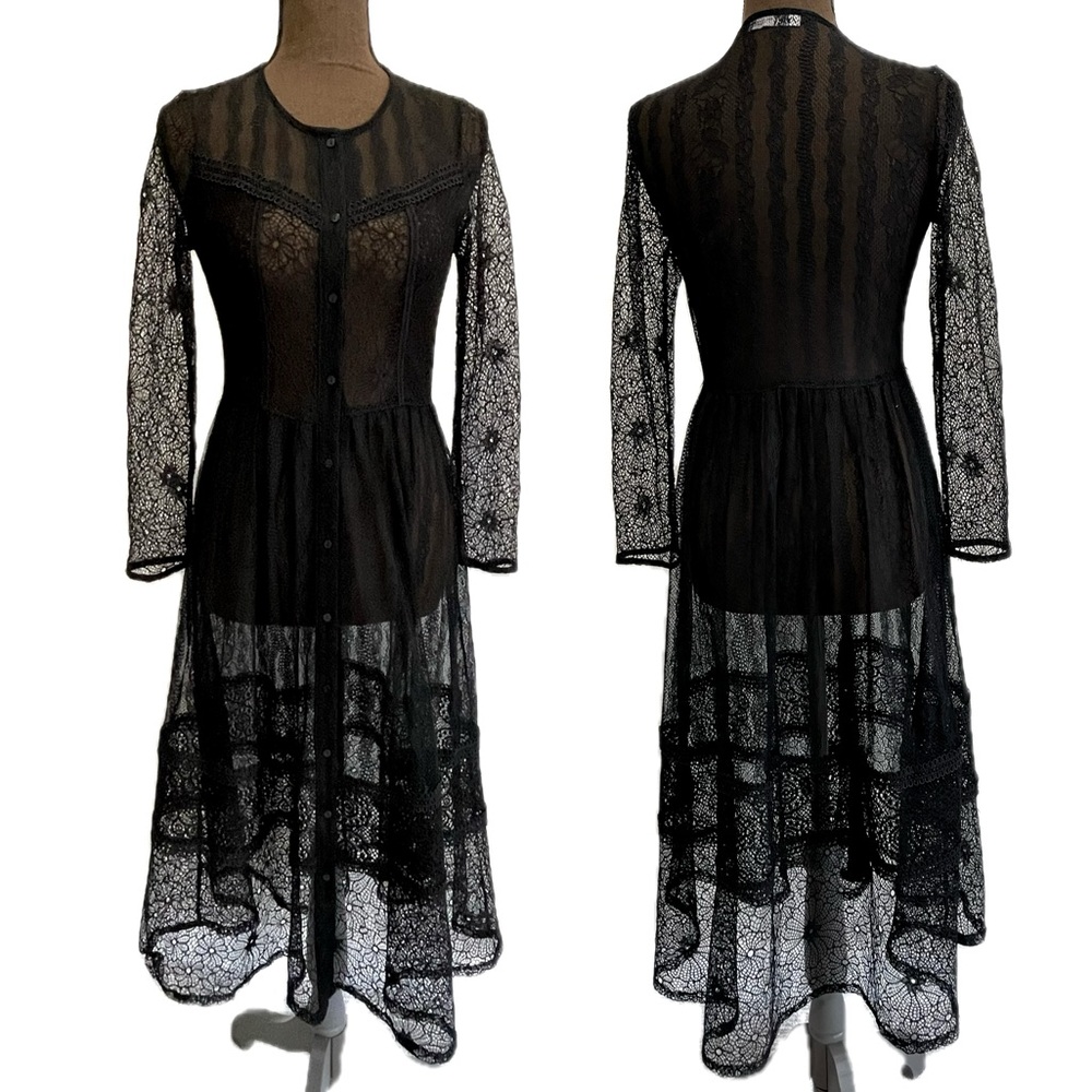 ZARA Black Button Front Sheer Lace Midi Dress Size Small Long Sleeve Fit & Flare